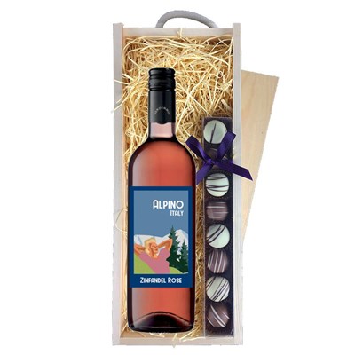 Alpino Pink Zinfandel Rose Wine & Heart Truffles, Wooden Box